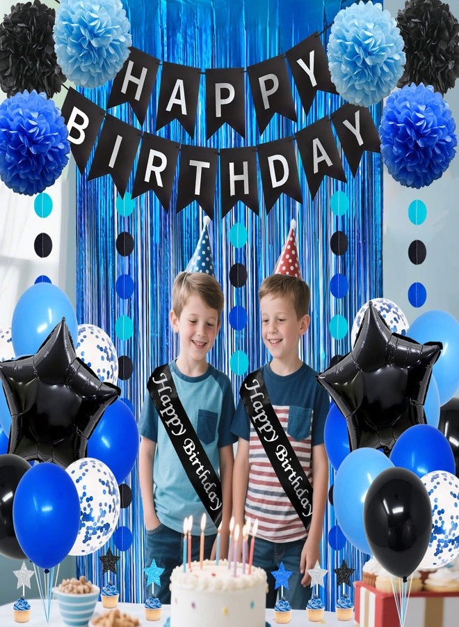 FINDRICH Blue Birthday Decorations for Men, 50PCS Happy Birthday Decorations with Banner Balloons Sash Foil Fringe Curtain Paper Pompoms, Blue and Black Party Decorations Party Supplies for Boys Kids - Image 4